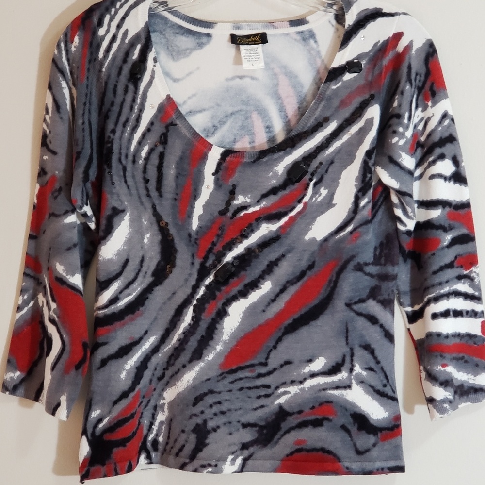 Party Sweater, RedBlkIvory, Elizabeth NY, Sz L